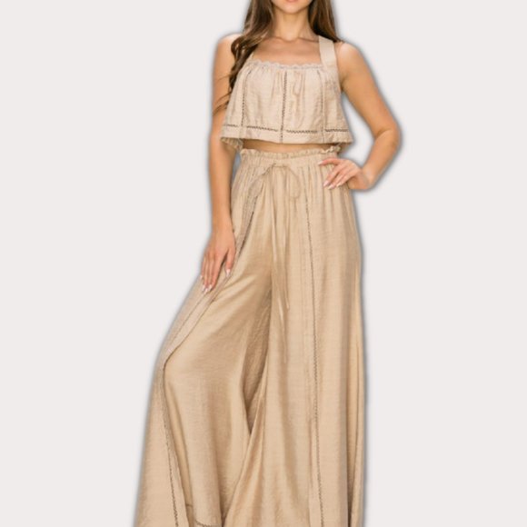 Wide Leg Pant & Crop Top Set |  Tan - Picture 1 of 4